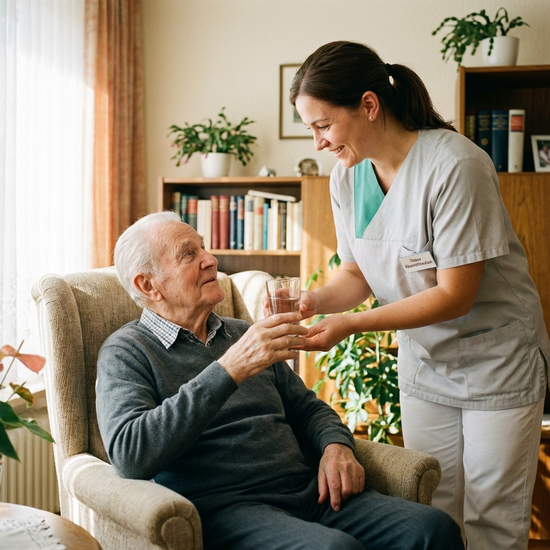 Freundliche Pflegerin reicht einem älteren Herrn behutsam ein Glas Wasser