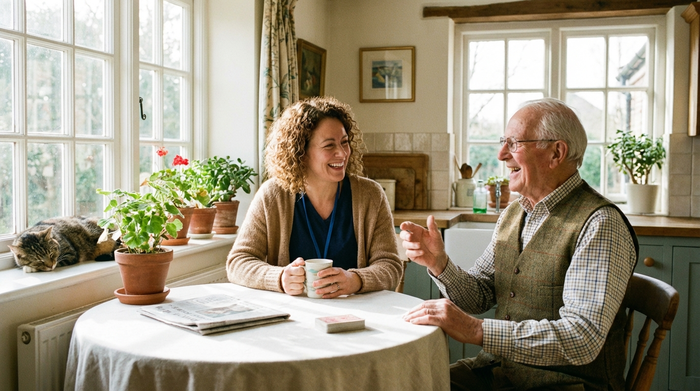 Pflegerin und Senior im entspannten Gespräch an einem hellen Küchentisch
