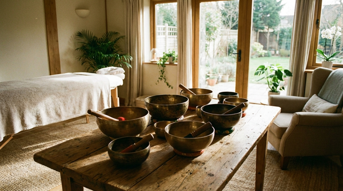 Klangschalen auf einem Holztisch in einem ruhigen Therapieraum