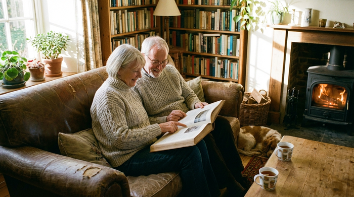 Zwei Personen betrachten gemeinsam ein Buch in gemütlicher Umgebung