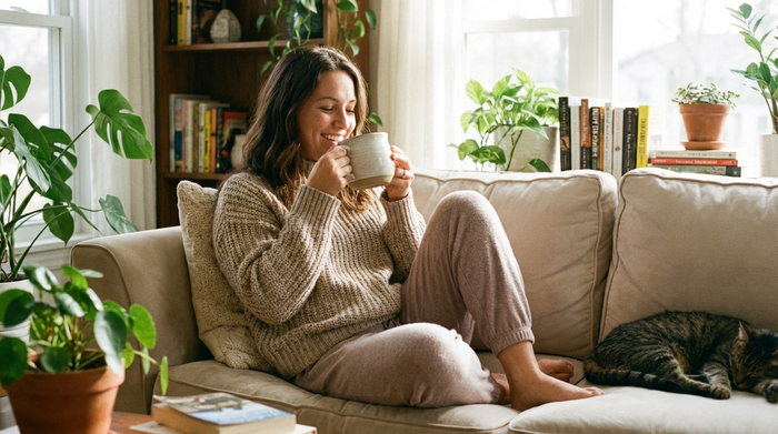 Entspannte Frau trinkt lächelnd eine Tasse Kaffee auf dem heimischen Sofa