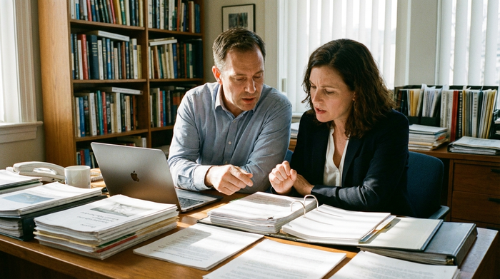 Zwei Personen sitzen konzentriert an einem Schreibtisch und besprechen Informationsmaterial