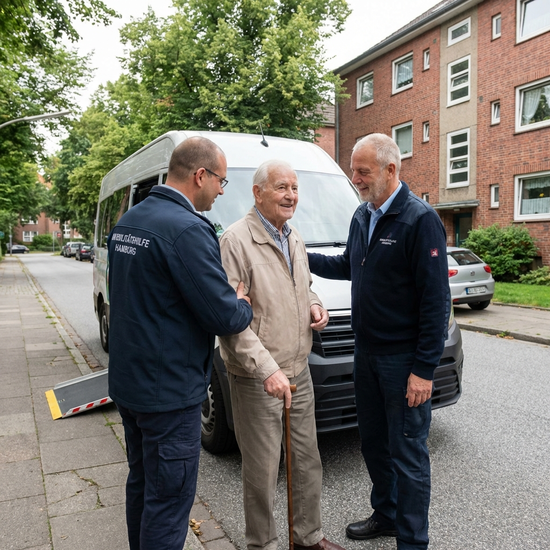 Fahrdienst-Mitarbeiter hilft einem Senior behutsam in einen Kleinbus