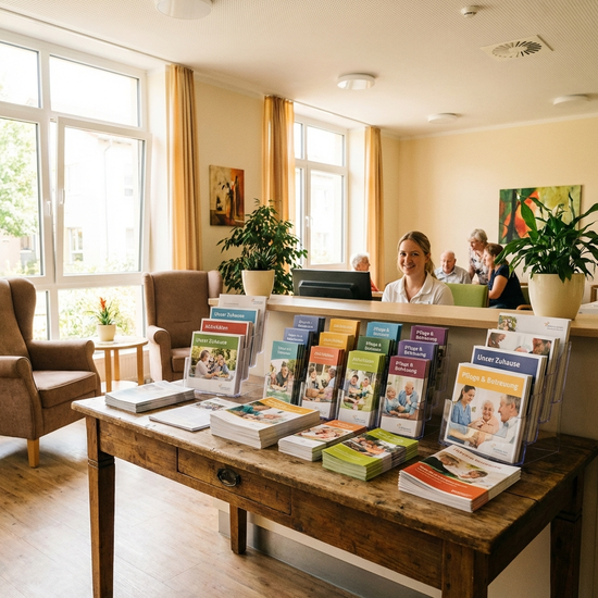 Freundlicher Empfangsbereich einer Pflegeeinrichtung mit Informationsbroschüren auf einem Tisch