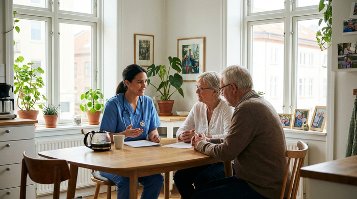 Professionelle Pflegekraft in Dienstkleidung bespricht sich mit Angehörigen am Küchentisch in einer hellen Wohnung