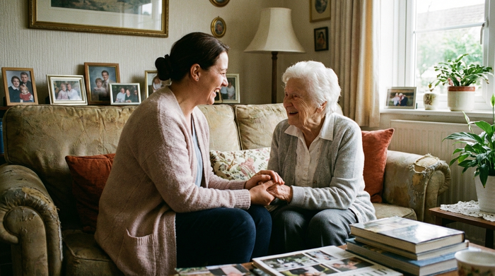 Angehörige und Pflegerin im vertrauten Gespräch im Wohnzimmer