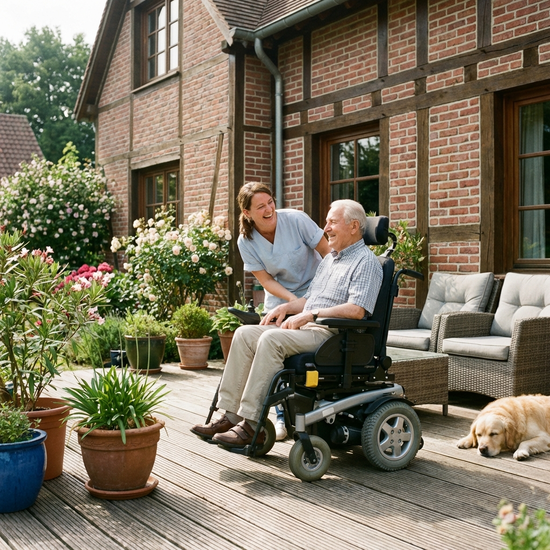 Älterer Herr im Rollstuhl auf der Terrasse eines Einfamilienhauses, begleitet von einer lächelnden Pflegerin