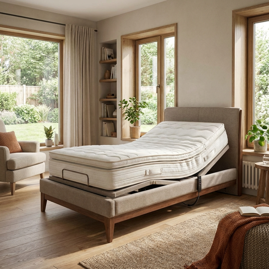 Modernes Pflegebett mit bequemer Matratze in einem wohnlich eingerichteten Schlafzimmer mit großen Fenstern