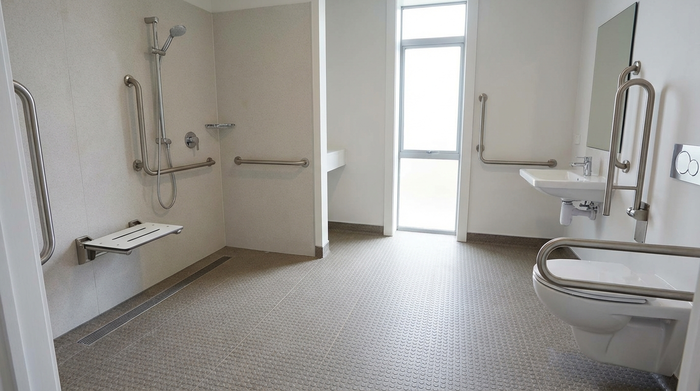 Barrierefreies Badezimmer mit ebenerdiger Dusche, Haltegriffen und rutschfestem Boden