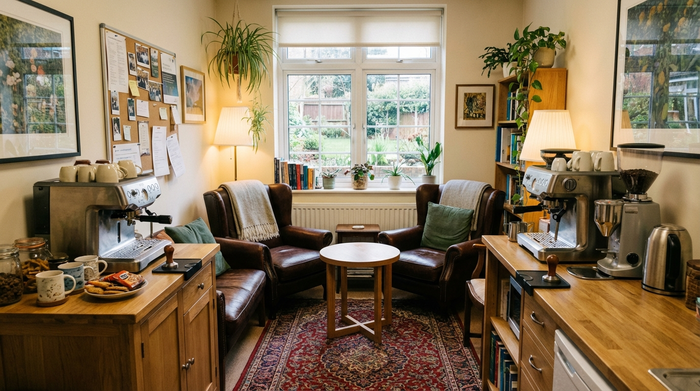 Gemütliche Sitzecke für das Pflegepersonal mit Kaffeemaschine und kleinem Tisch