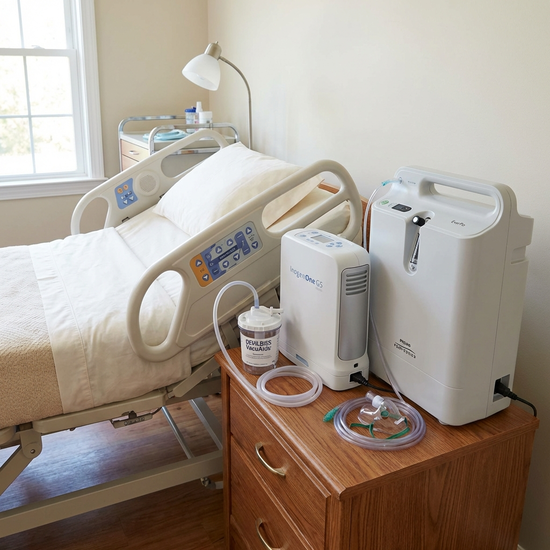 Medizinisches Absauggerät und Sauerstoffkonzentratoren ordentlich auf einem Beistelltisch neben dem Pflegebett platziert