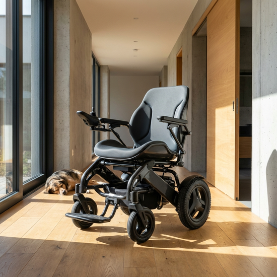 Moderner elektrischer Rollstuhl mit spezieller Sitzschale im Flur eines Hauses