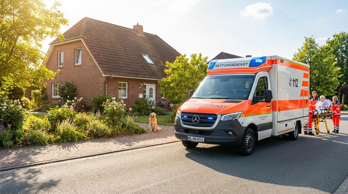 Krankenwagen vor einem Einfamilienhaus an einem sonnigen Tag