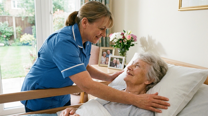 Pflegerin richtet liebevoll das Kissen im Pflegebett