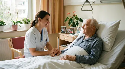 Pflegerin sitzt aufmerksam neben einem älteren Herrn im Pflegebett und hält beruhigend seine Hand