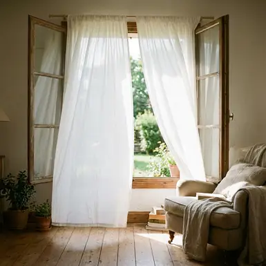 Geöffnetes Fenster in einem hellen Zimmer mit leicht wehenden weißen Gardinen