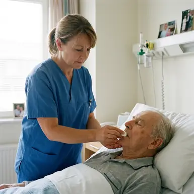 Pflegerin befeuchtet vorsichtig die Lippen eines Patienten mit einem Pflegestäbchen