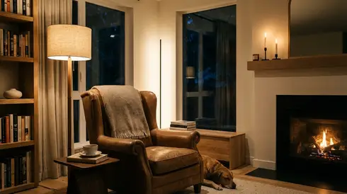 Ruhige, aufgeräumte Wohnzimmeratmosphäre mit gedimmtem, warmen Licht und einem bequemen Sessel