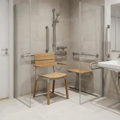Moderner, stabiler Duschstuhl in einem barrierefreien Badezimmer mit Haltegriffen