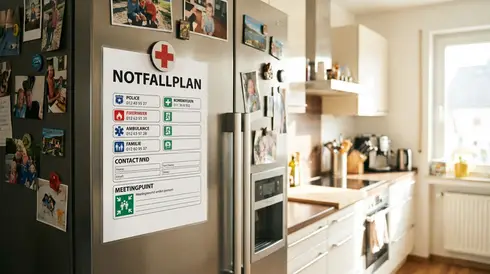 Ein übersichtlicher, ausgedruckter Notfallplan hängt mit einem Magneten gut sichtbar an einer Kühlschranktür
