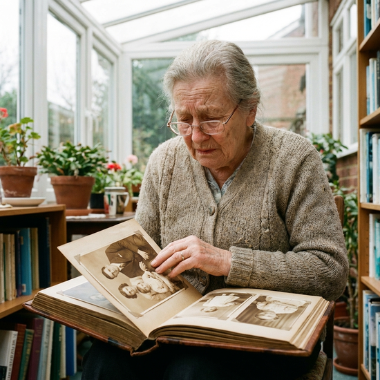 Seniorin betrachtet nachdenklich ein altes Fotoalbum