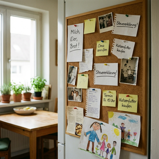 Notizzettel mit Erinnerungen an einer Pinnwand in der Küche
