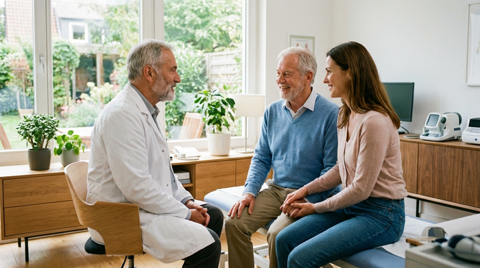 Arzt im Gespräch mit einem Senior und seiner Tochter in einer hellen Praxis