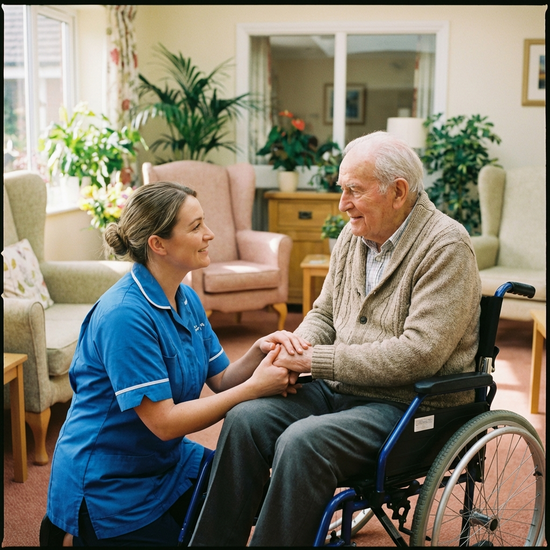 Pflegekraft spricht auf Augenhöhe und mit sanftem Lächeln mit einem Senior