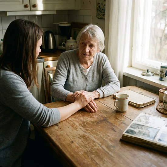 Tochter hält beruhigend die Hand ihrer demenzkranken Mutter am Küchentisch