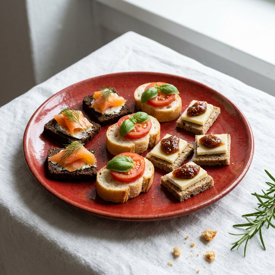 Roter Teller mit mundgerechten Brothäppchen auf weißer Tischdecke