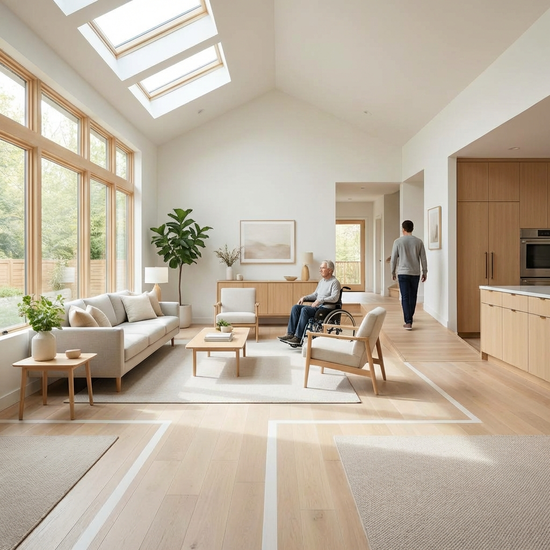 Helles, stolperfreies Wohnzimmer mit gut sichtbaren Wegen