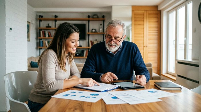 Beratungsgespräch am Tisch, eine jüngere Frau und ein Senior besprechen gemeinsam Dokumente