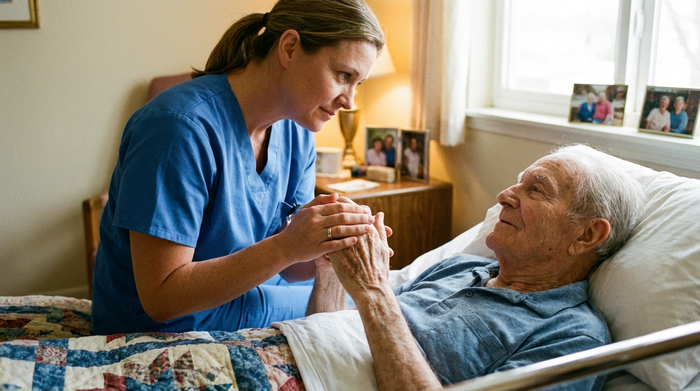 Einfühlsame Pflegekraft hält sanft die Hand eines älteren Patienten im Pflegebett