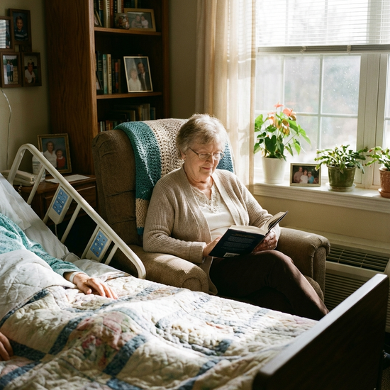 Angehörige sitzt ruhig lesend neben dem Pflegebett