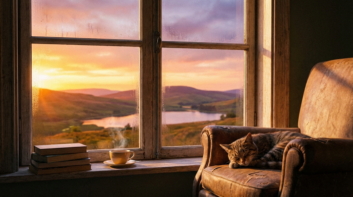 Ein friedlicher Sonnenuntergang durch ein Fenster, der eine ruhige und tröstliche Stimmung vermittelt