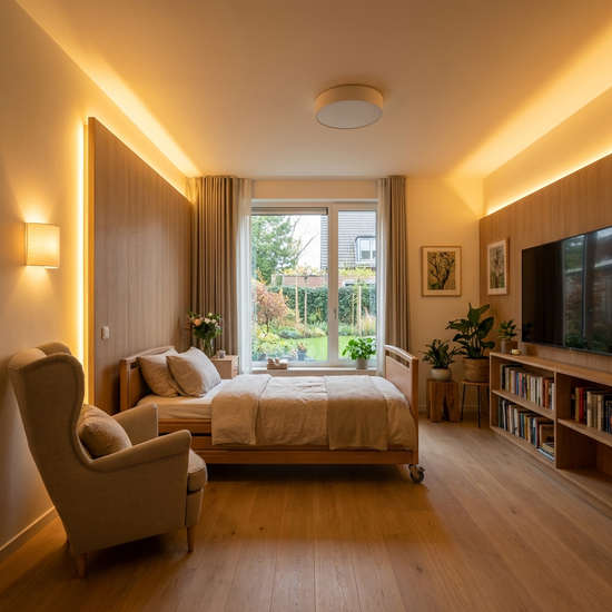 Modernes Pflegezimmer mit beruhigender, warmer Beleuchtung