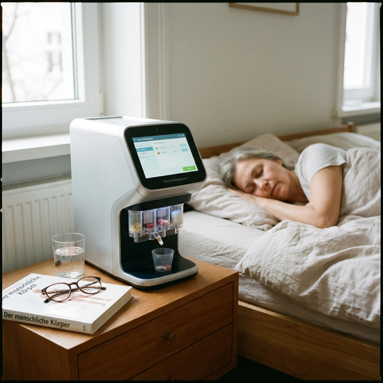 Medizinisches Gerät zur genauen Dosierung auf einem Nachttisch neben dem Bett