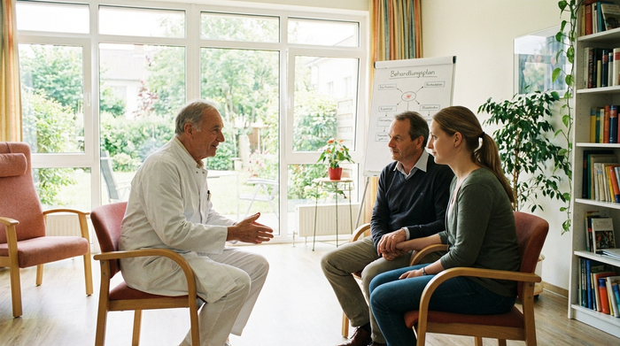 Arzt im ruhigen, aufklärenden Gespräch mit Angehörigen in einem hellen Raum