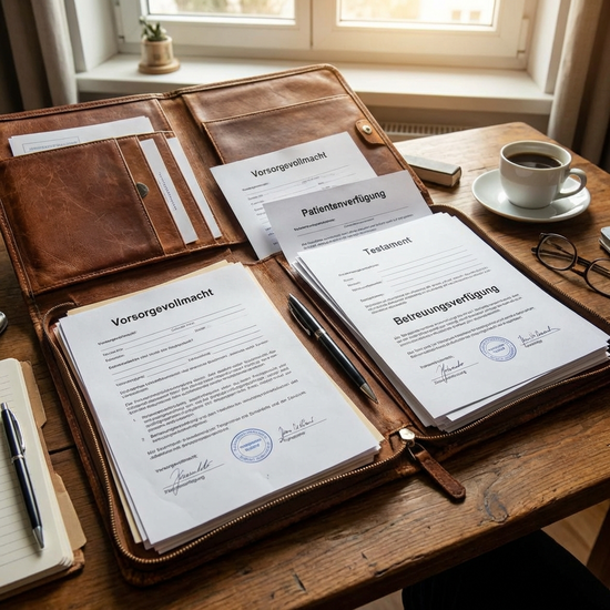 Geöffnete Mappe mit wichtigen Vorsorgedokumenten auf einem Schreibtisch