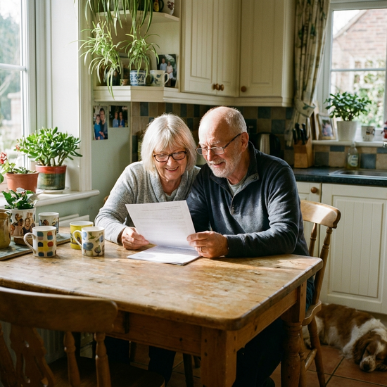 Älteres Ehepaar liest gemeinsam ein Dokument am Küchentisch