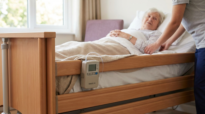 Kleine, diskrete Medikamentenpumpe am Pflegebett