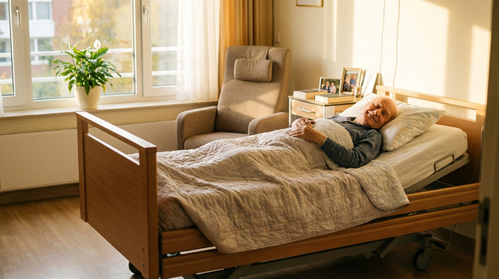 Entspannter, schlafender Patient im Pflegebett