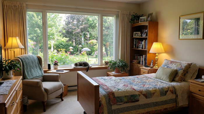 Gemütliches, wohnliches Hospizzimmer mit Blick ins Grüne