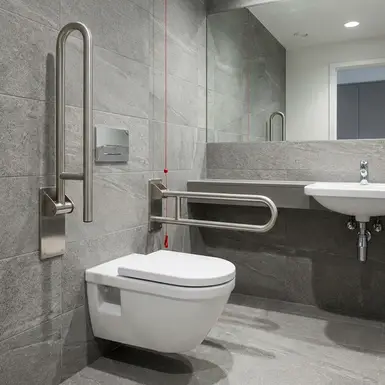 Toilette mit fest an der Wand montierten, klappbaren Haltegriffen auf beiden Seiten