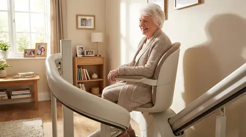Ältere Dame fährt sicher und bequem auf einem modernen Treppenlift in ihrem Haus nach oben