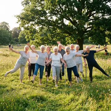 Gruppe von Senioren macht leichte Balanceübungen auf einer Wiese im Park