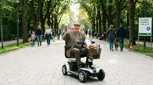 Senior fährt entspannt mit einem Elektromobil über einen sicheren Parkweg