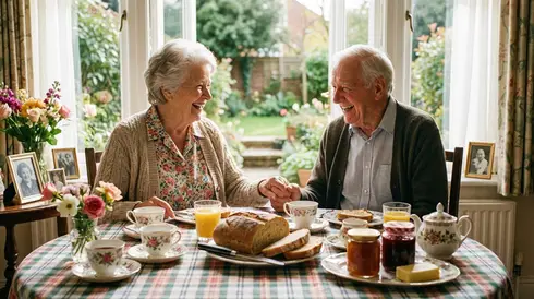 Freundliche Pflegerin und Senior sitzen gemeinsam am liebevoll gedeckten Esstisch