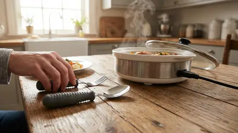 Spezialbesteck mit verdickten Griffen neben einem Warmhalteteller