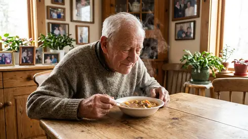 Älterer Herr beim Riechen an einer frischen Mahlzeit am Esstisch